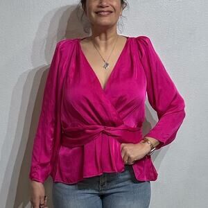 Express Pink Satin Long Sleeve Faux Wrap Blouse Sz XL